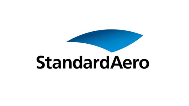 A logo with a blue graphic and black text that reads: StandardAero