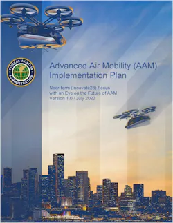 Cover of the FAA's 'Advanced Air Mobility Implementation Plan,' Version 1.0, July 2023, featuring illustrations of eVTOL aircraft over a city skyline at dusk.