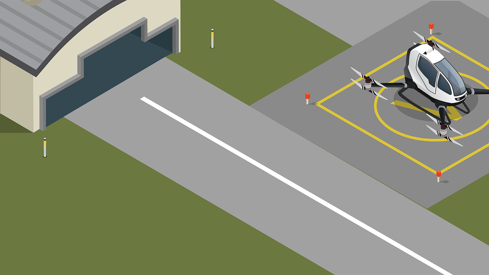 Isometric illustration of an eVTOL aircraft parked on a helipad-style landing pad beside a hangar, connected by a taxiway.
