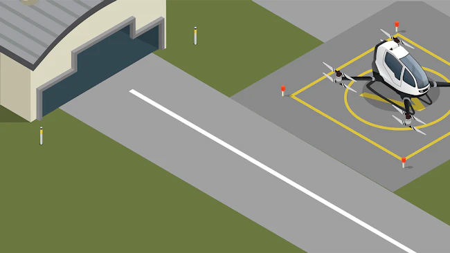Isometric illustration of an eVTOL aircraft parked on a helipad-style landing pad beside a hangar, connected by a taxiway.