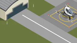 Isometric illustration of an eVTOL aircraft parked on a helipad-style landing pad beside a hangar, connected by a taxiway.