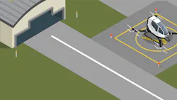 Isometric illustration of an eVTOL aircraft parked on a helipad-style landing pad beside a hangar, connected by a taxiway.