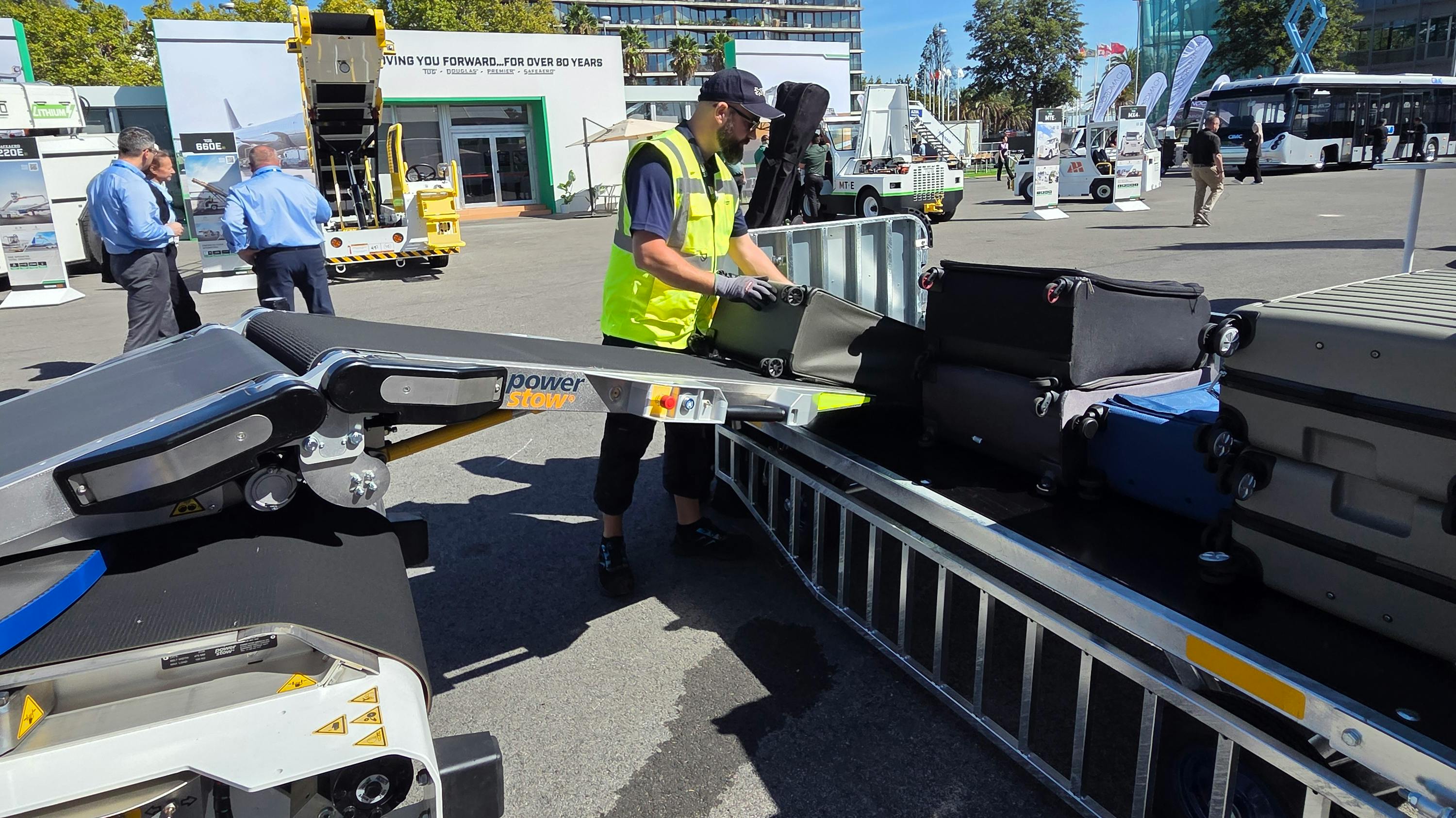 The tail loader is an extension mounted at the rear of Power Stow's Rollertrack Conveyor.
