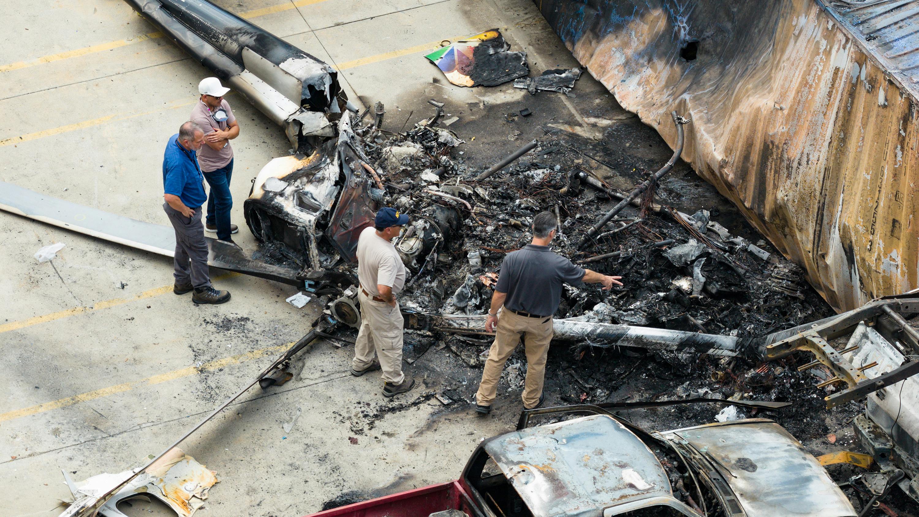 Aerial view of the NBC4 news helicopter crash near the Lizard Production building on Wednesday, Sept. 16, 2026, in Chatsworth, Calif.