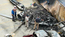 Aerial view of the NBC4 news helicopter crash near the Lizard Production building on Wednesday, Sept. 16, 2026, in Chatsworth, Calif.