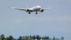 Boeing’s fifth 777X makes its final approach into Paine Field as part of its inaugural flight on Aug. 5, 2025, in Everett, Washington.