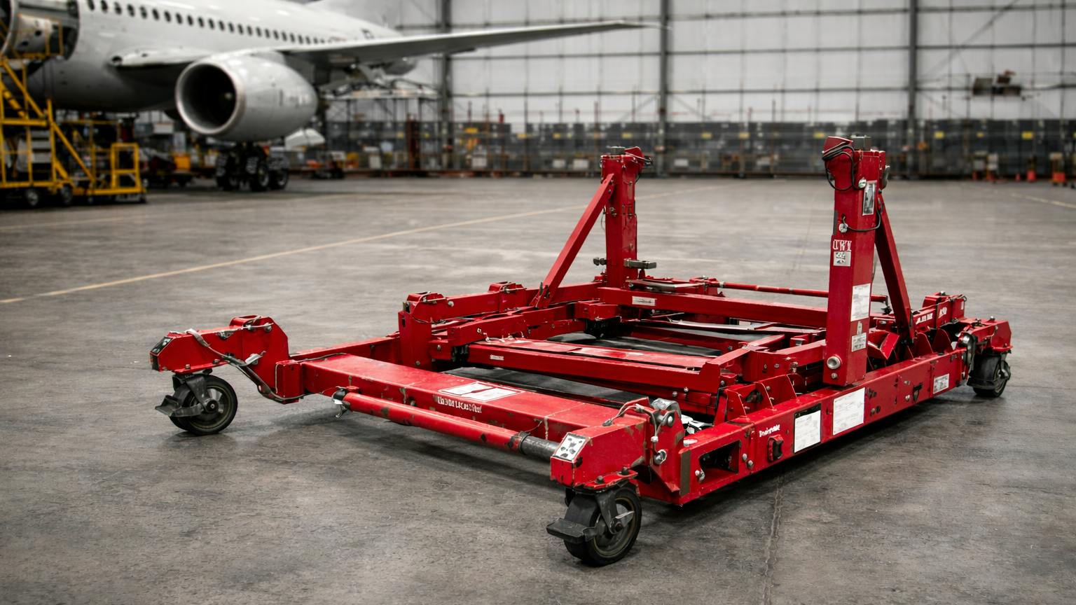A red engine stand inside a workshop