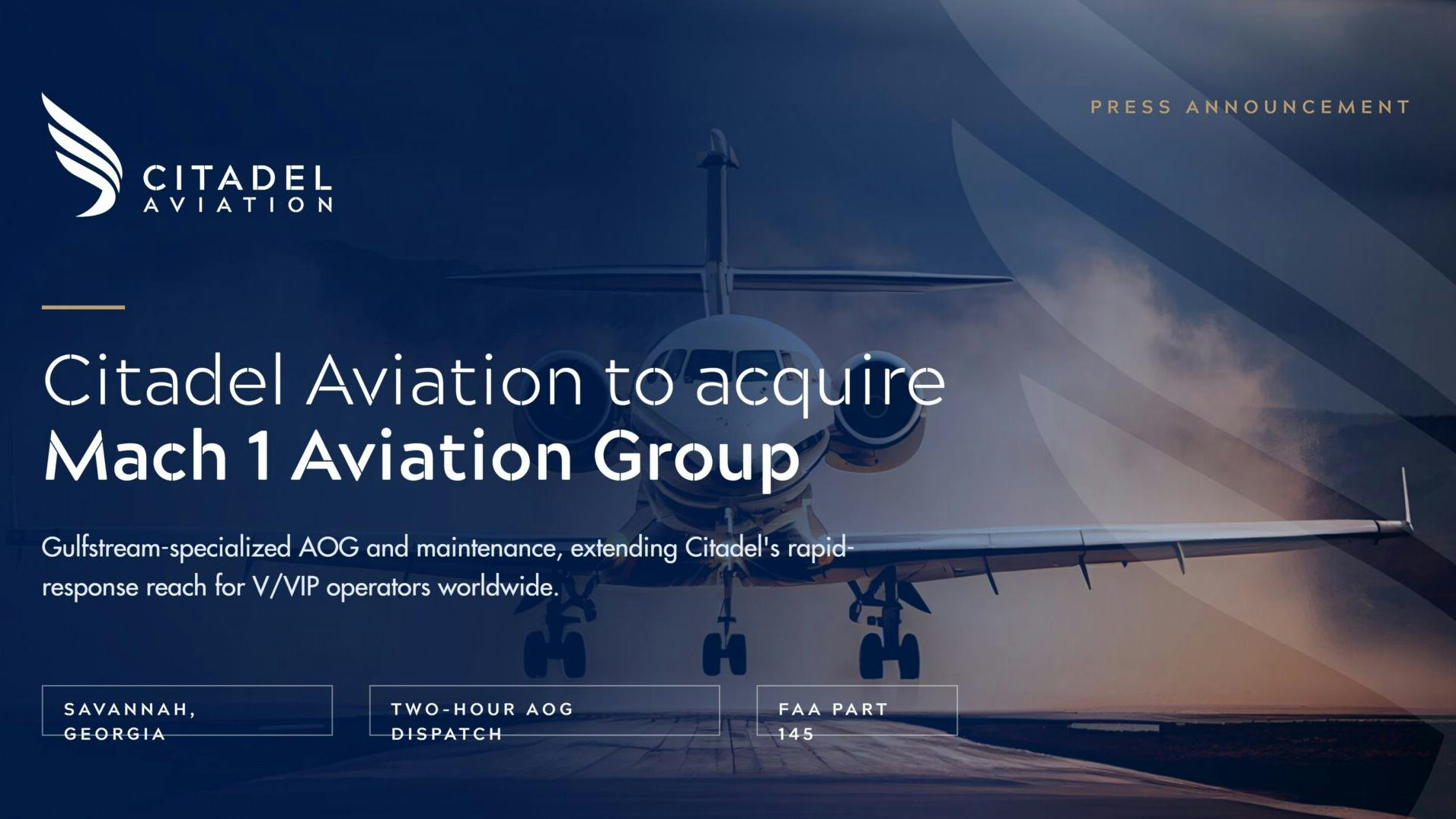 An infographic with text that says: Citadel Aviation to acquire Mach 1 Aviation Group