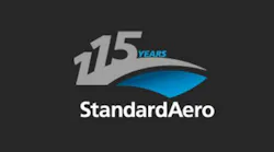 A logo with a dark background and white-and-blue text that reads: StandardAero 115 years