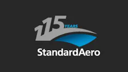 A logo with a dark background and white-and-blue text that reads: StandardAero 115 years