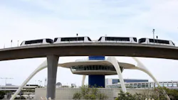 EL SEGUNDO, CA, APRIL 16, 2026: The Automated People Mover, LAX's 2.25-mile electric train system, runs without passengers during a series of testing at LAX on Thursday, April 16, 2026.