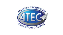 A blue oval logo with an illustration of a paper airplane and text that reads: Aviation Technician Education Council ATEC