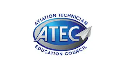 A blue oval logo with an illustration of a paper airplane and text that reads: Aviation Technician Education Council ATEC