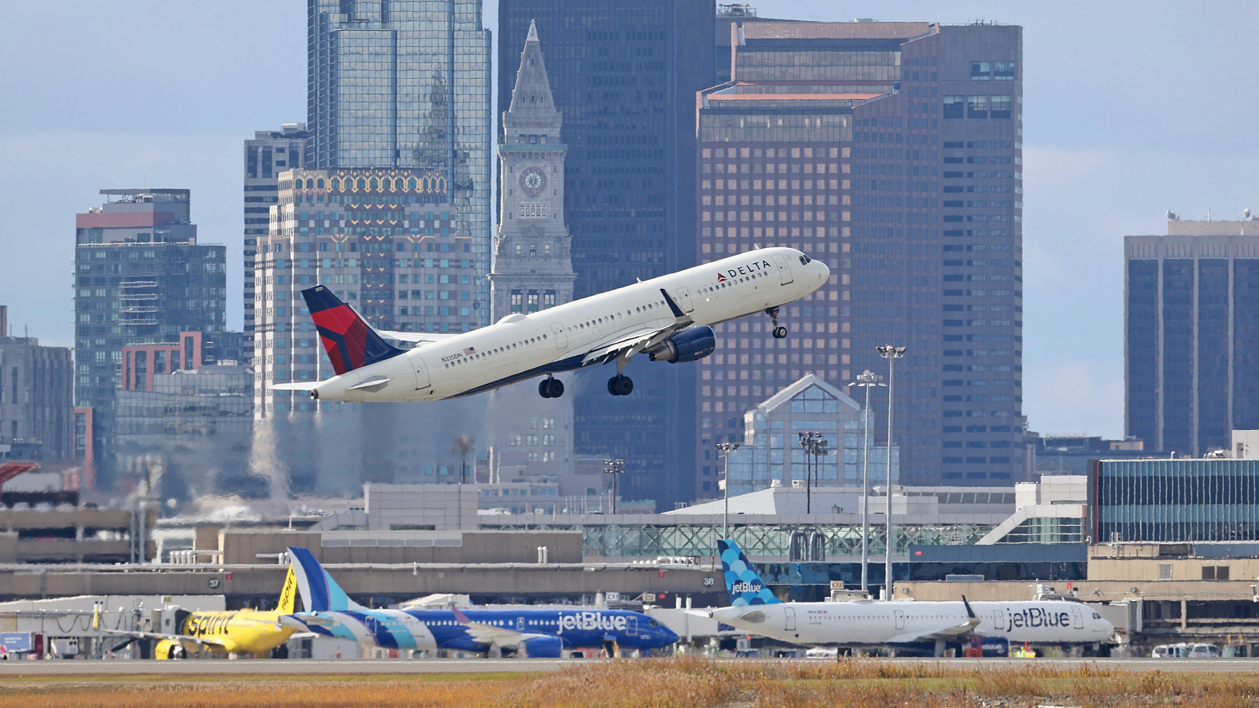 A Delta Airlines plane takes off at Boston's Logan International Airport.