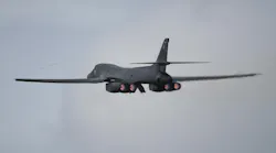 A U.S. Air Force B-1B Lancer bomber fully laden with munitions takes off from RAF Fairford on March 13, 2026, in Fairford, England.