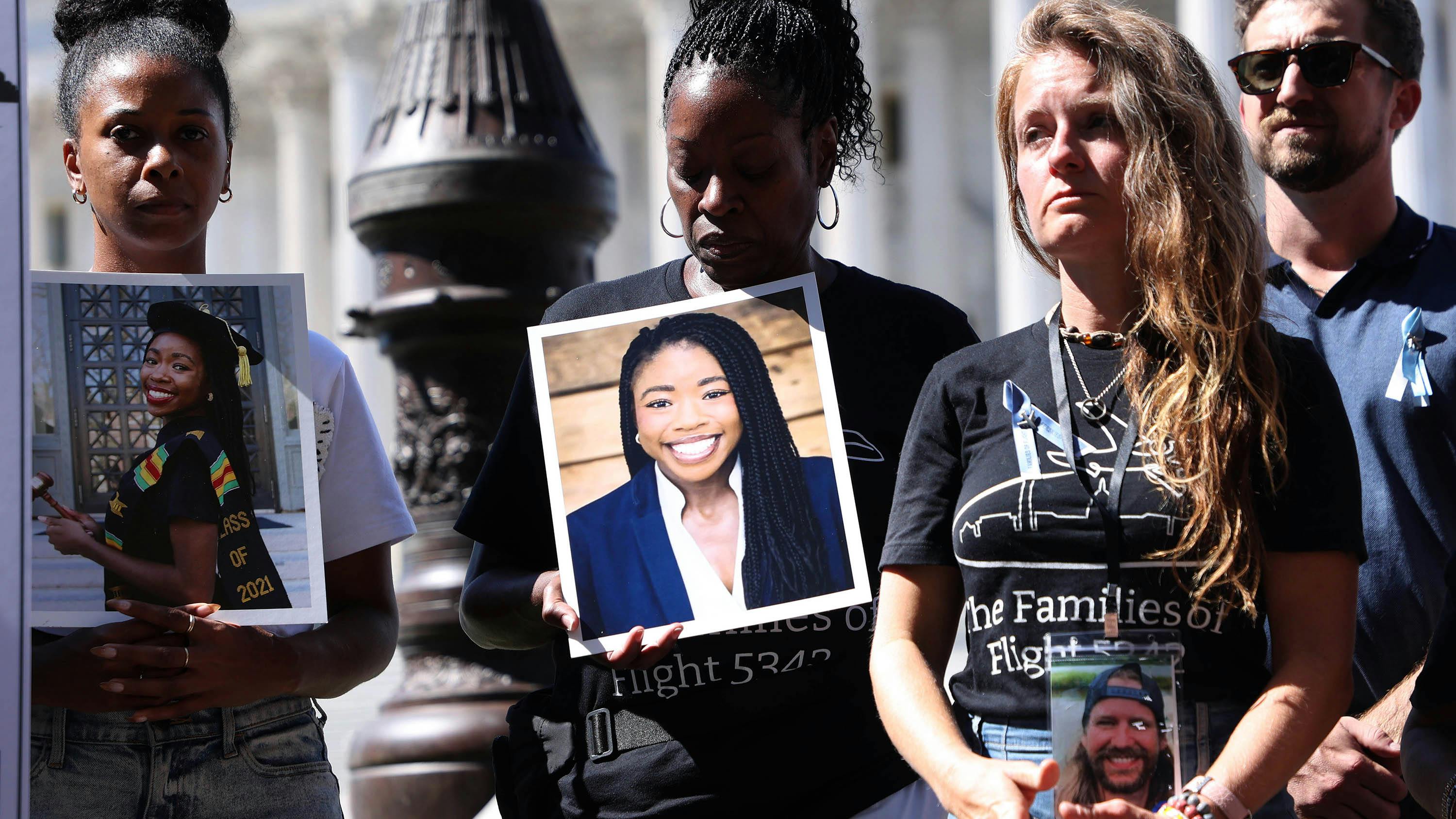 Members of the families of victims of flight 5342 killed in the 2025 DCA midair collision attend a news conference on airline safety at the U.S. Capitol on Sept. 15, 2026, in Washington, D.C.