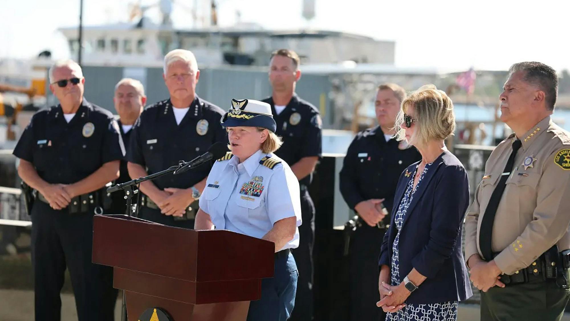 U.S. Coast Guard Capt. Stacey Crecy, commander of Coast Guard Sector Los Angeles-Long Beach, speaks at a news conference Oct. 1, 2026, about a helicopter crash off Catalina Island.