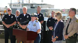 U.S. Coast Guard Capt. Stacey Crecy, commander of Coast Guard Sector Los Angeles-Long Beach, speaks at a news conference Oct. 1, 2026, about a helicopter crash off Catalina Island.