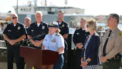 U.S. Coast Guard Capt. Stacey Crecy, commander of Coast Guard Sector Los Angeles-Long Beach, speaks at a news conference Oct. 1, 2026, about a helicopter crash off Catalina Island.