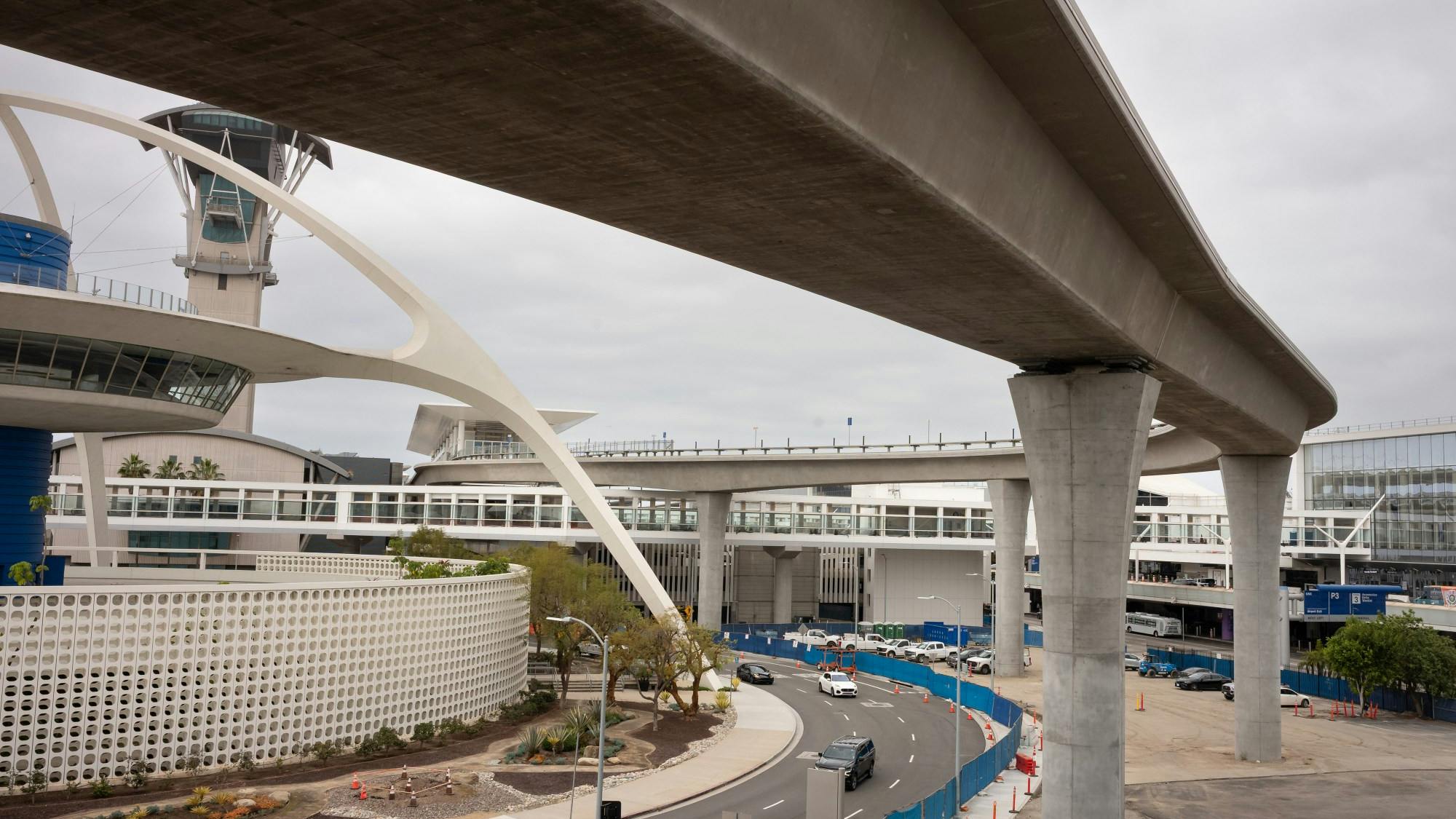 The new people mover rail snakes through LAX on Tuesday, March 10, 2026. The people mover is now scheduled to open in early 2027.