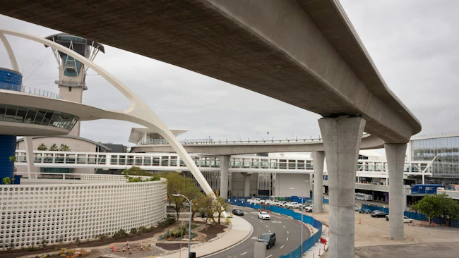 The new people mover rail snakes through LAX on Tuesday, March 10, 2026. The people mover is now scheduled to open in early 2027.