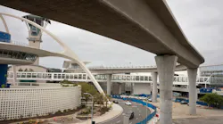 The new people mover rail snakes through LAX on Tuesday, March 10, 2026. The people mover is now scheduled to open in early 2027.