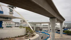 The new people mover rail snakes through LAX on Tuesday, March 10, 2026. The people mover is now scheduled to open in early 2027.
