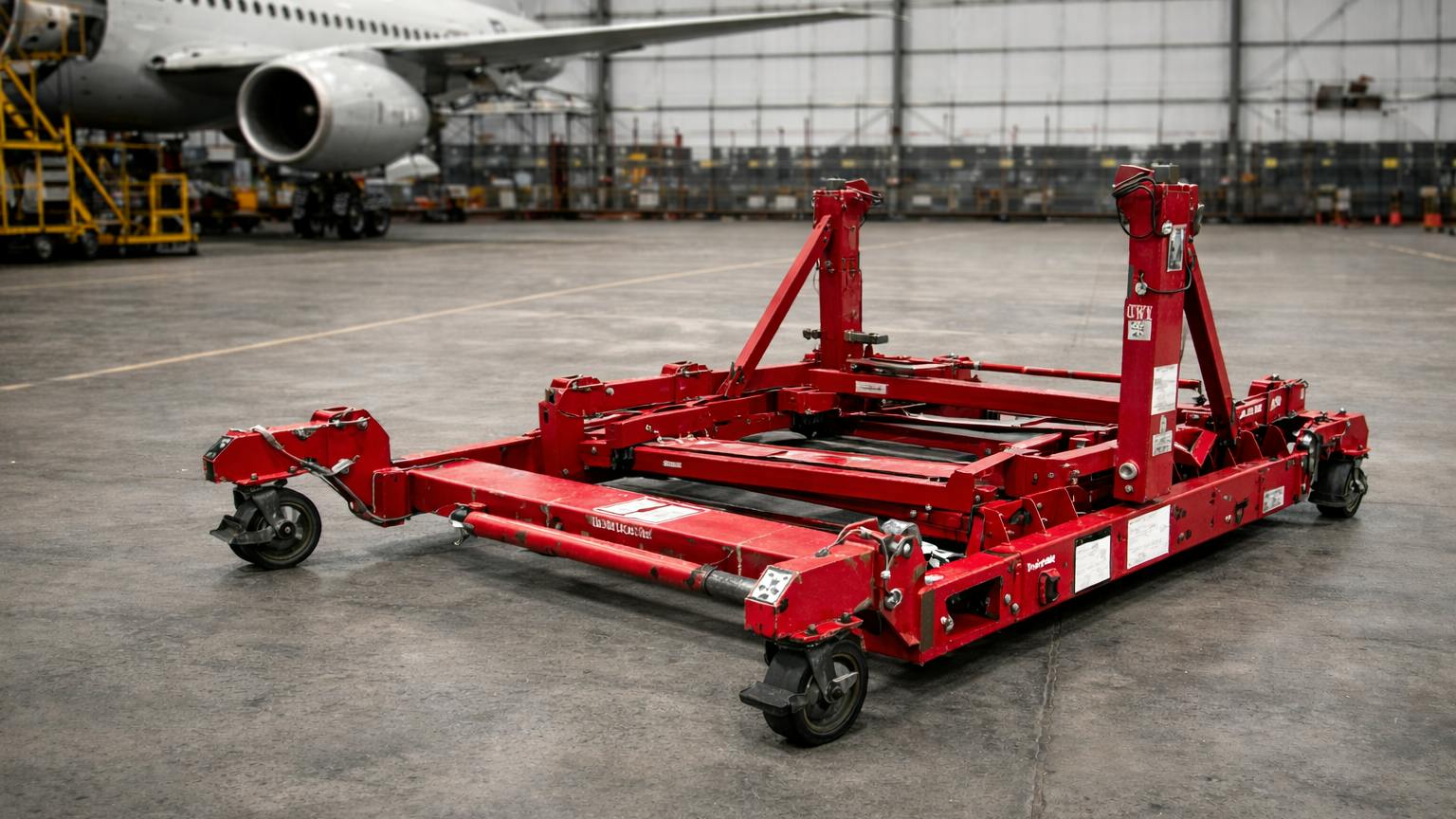A red engine stand in a hangar