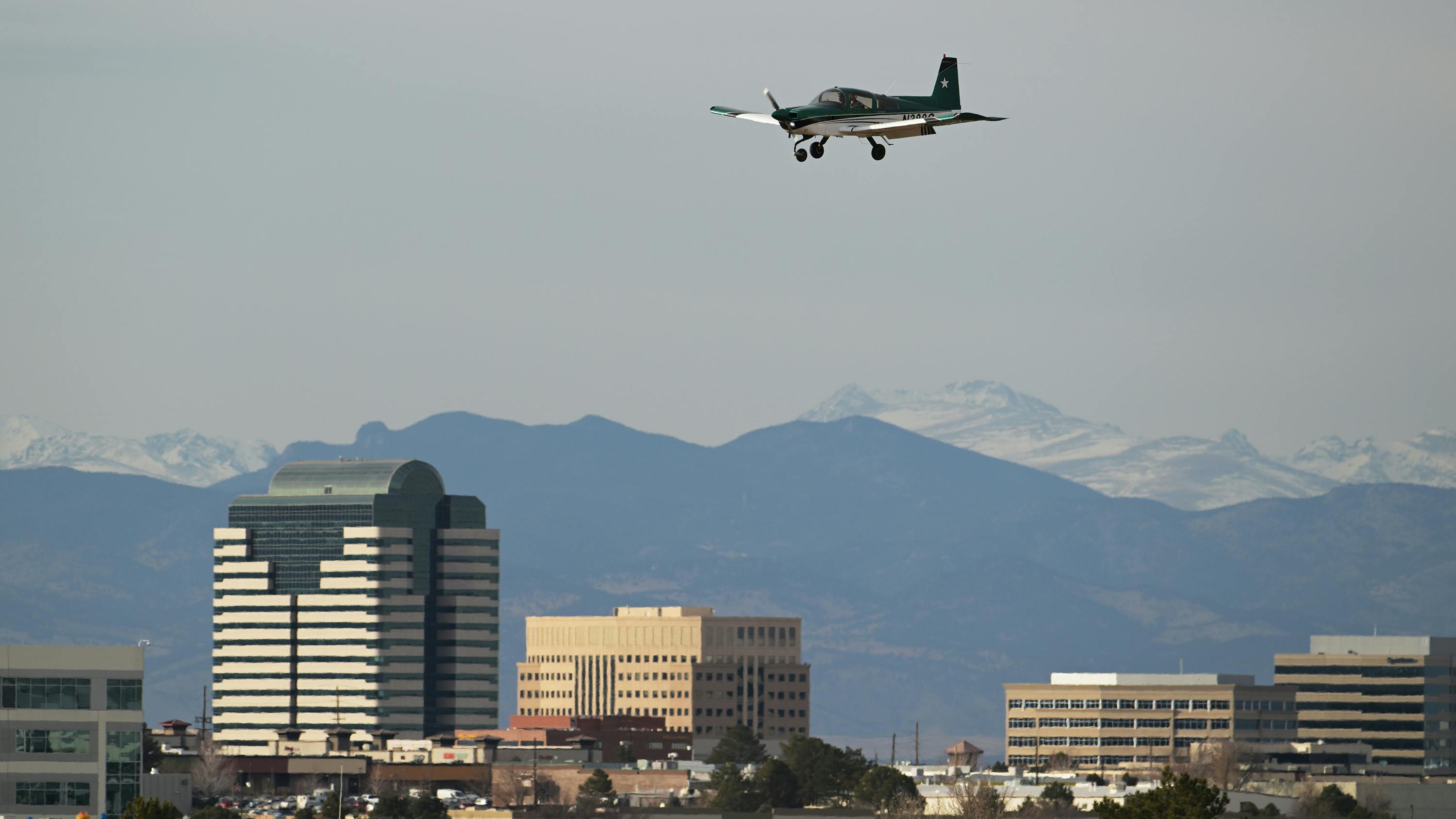 A flight training plane comes in to land at Centennial Airport on Dec. 20, 2022, in Englewood, Colorado.