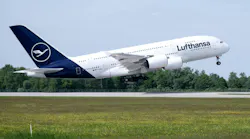 A Lufthansa Airbus A380 takes off from Munich Airport bound for Boston.=