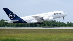 A Lufthansa Airbus A380 takes off from Munich Airport bound for Boston.=