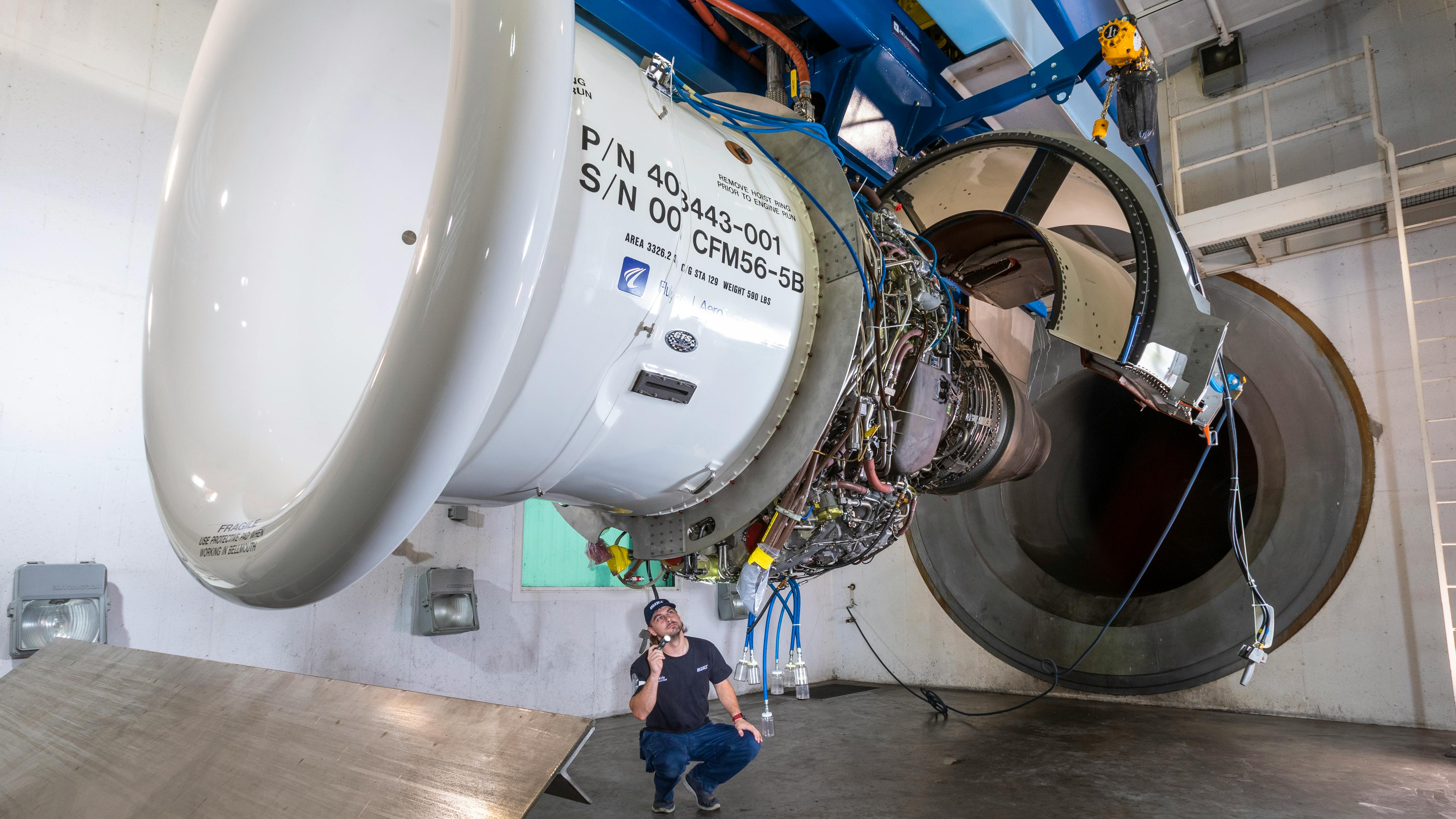 A mechanic working in the engine test cell at Lufthansa Technik Engine Services in Tulsa, Oklahoma.