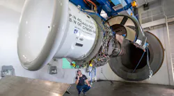 A mechanic working in the engine test cell at Lufthansa Technik Engine Services in Tulsa, Oklahoma.