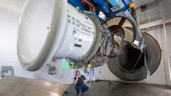 A mechanic working in the engine test cell at Lufthansa Technik Engine Services in Tulsa, Oklahoma.
